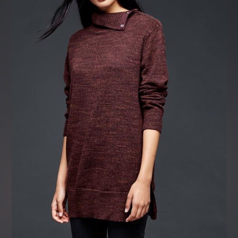 Gap burgundy red Long sleeve tunic turtle neck snap button cotton sweater S
